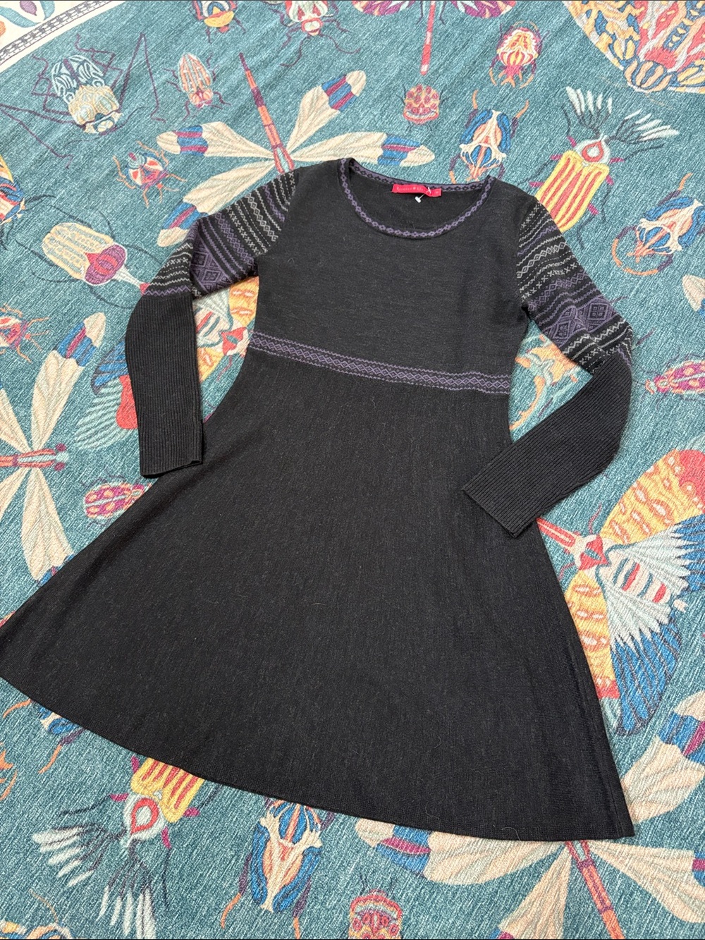Gorgeous Krimson Klover 100% wool fair isle sweater dress M charcoal & purple